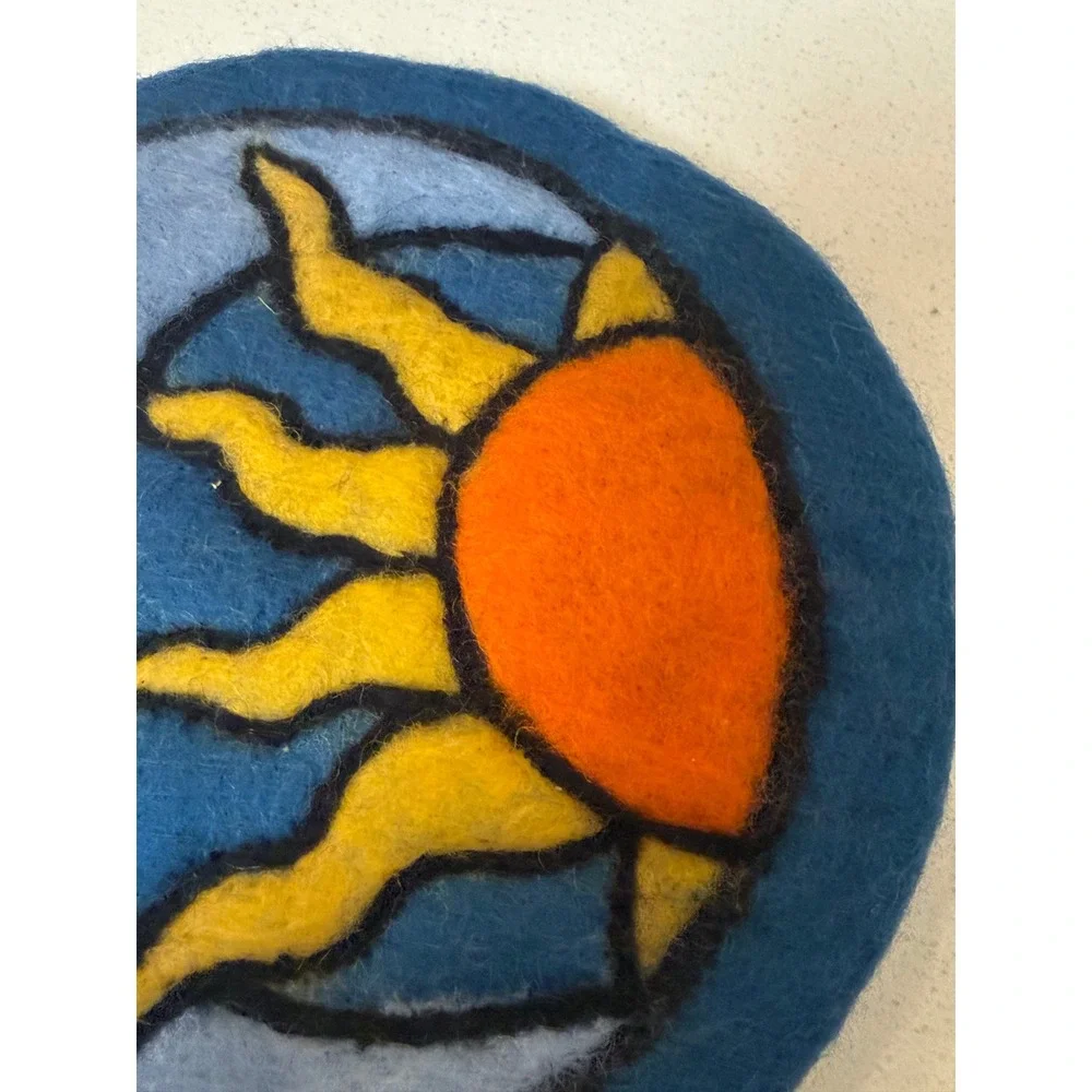 Lakhays Pop Art Felt Trivet Sun Moon Celestial Handmade‎ Wool Blue Yellow  New